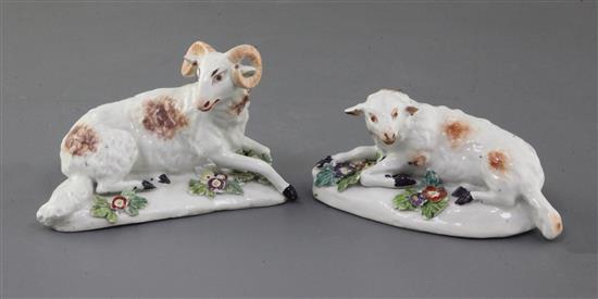 A matched pair of Derby figures of a ram and a ewe, c.1760-5, l. 10.5cm, slight faults
